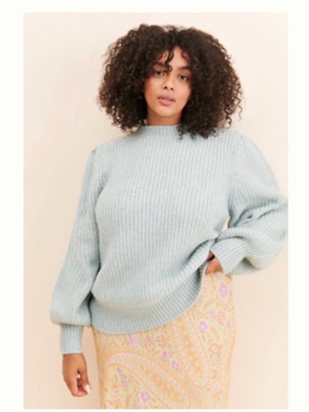 Free People Eloquii Pale Blue/Teal Ribbed Balloon-Sleeve Sweater